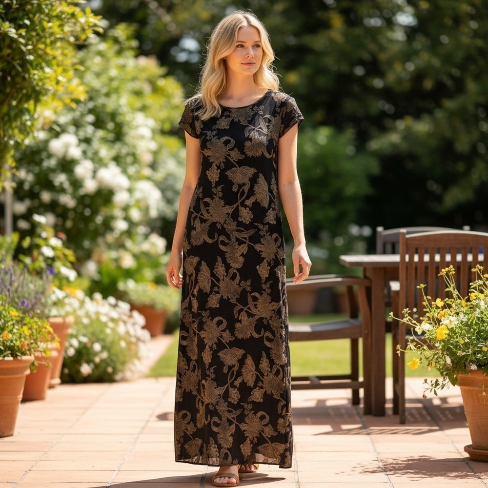 Ann Taylor Silk Maxi Dress Womens 14 Black Gold Floral Short Sleeve Evening Vtg